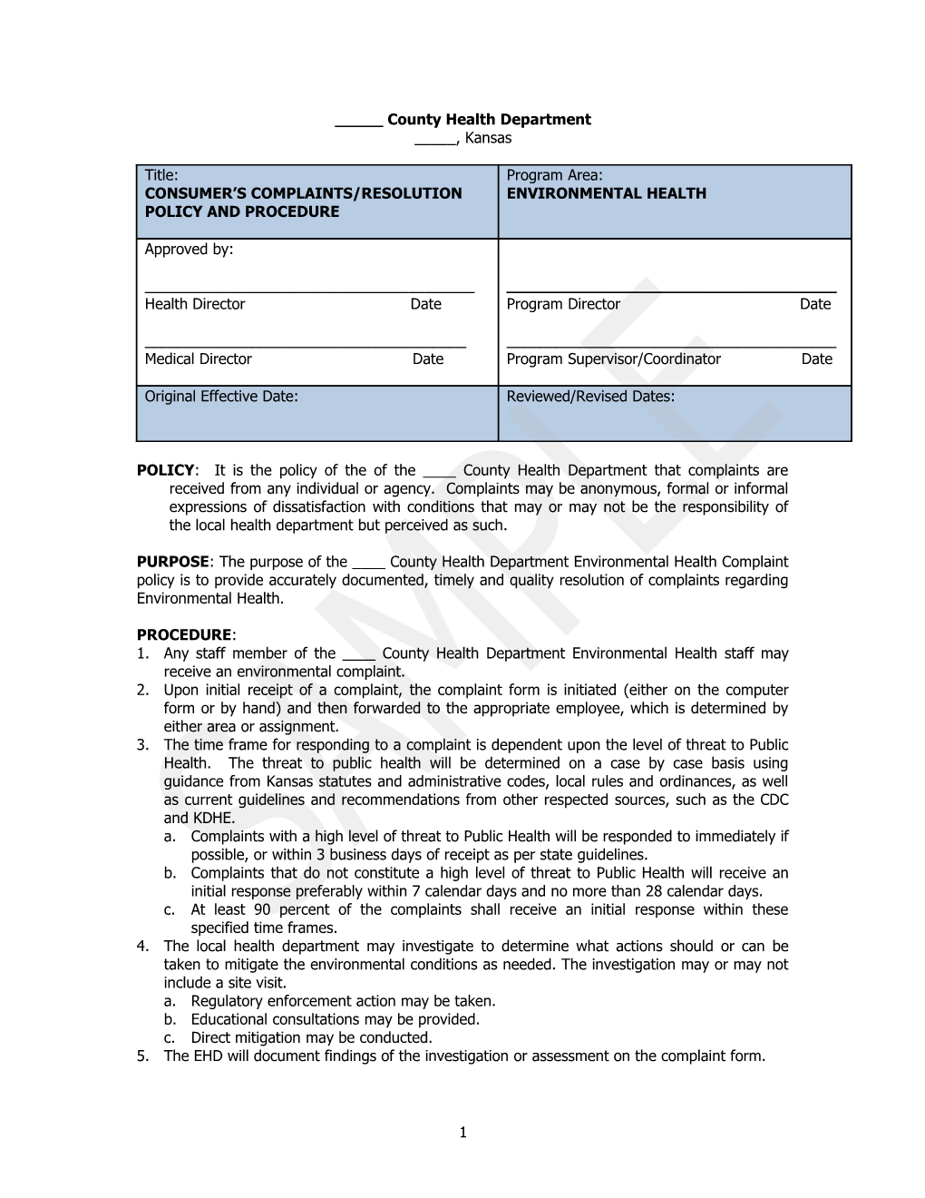 Consumer's Complaints-Resolution Policy and Procedures-Environmental Health