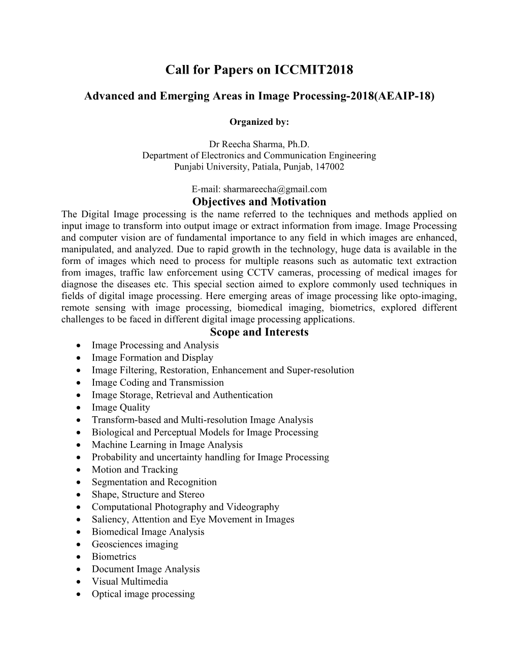 Advanced and Emerging Areas in Image Processing-2018(AEAIP-18)