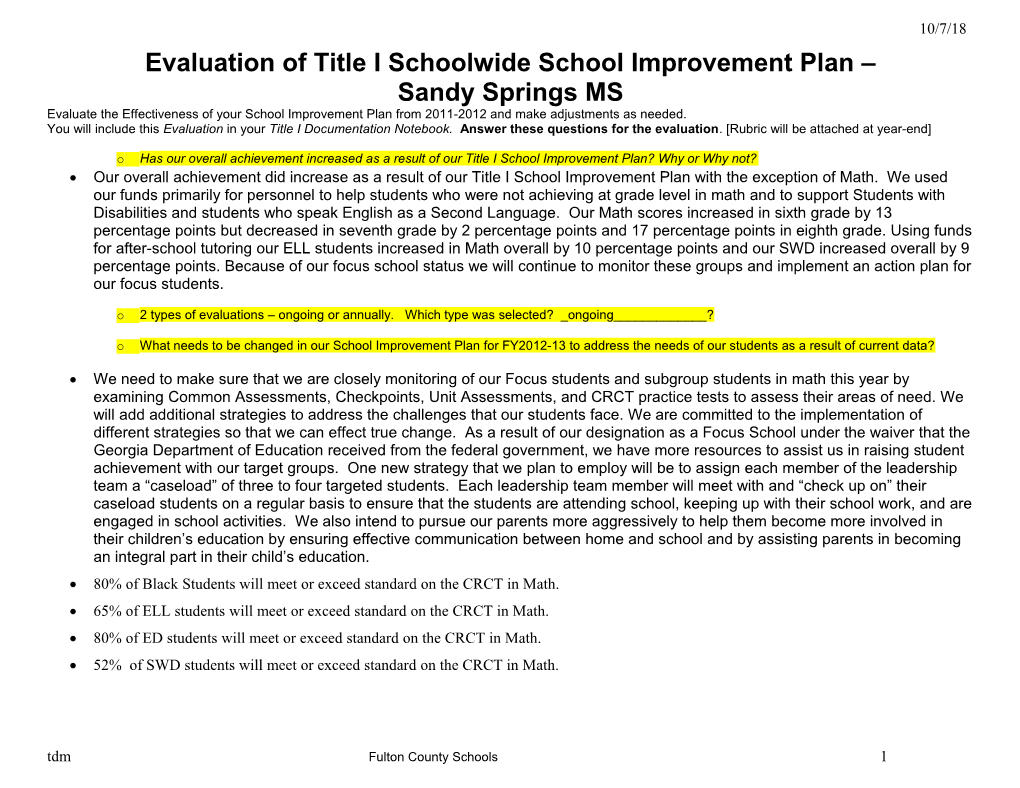 Evaluation of Title I Schoolwide School Improvement Plan