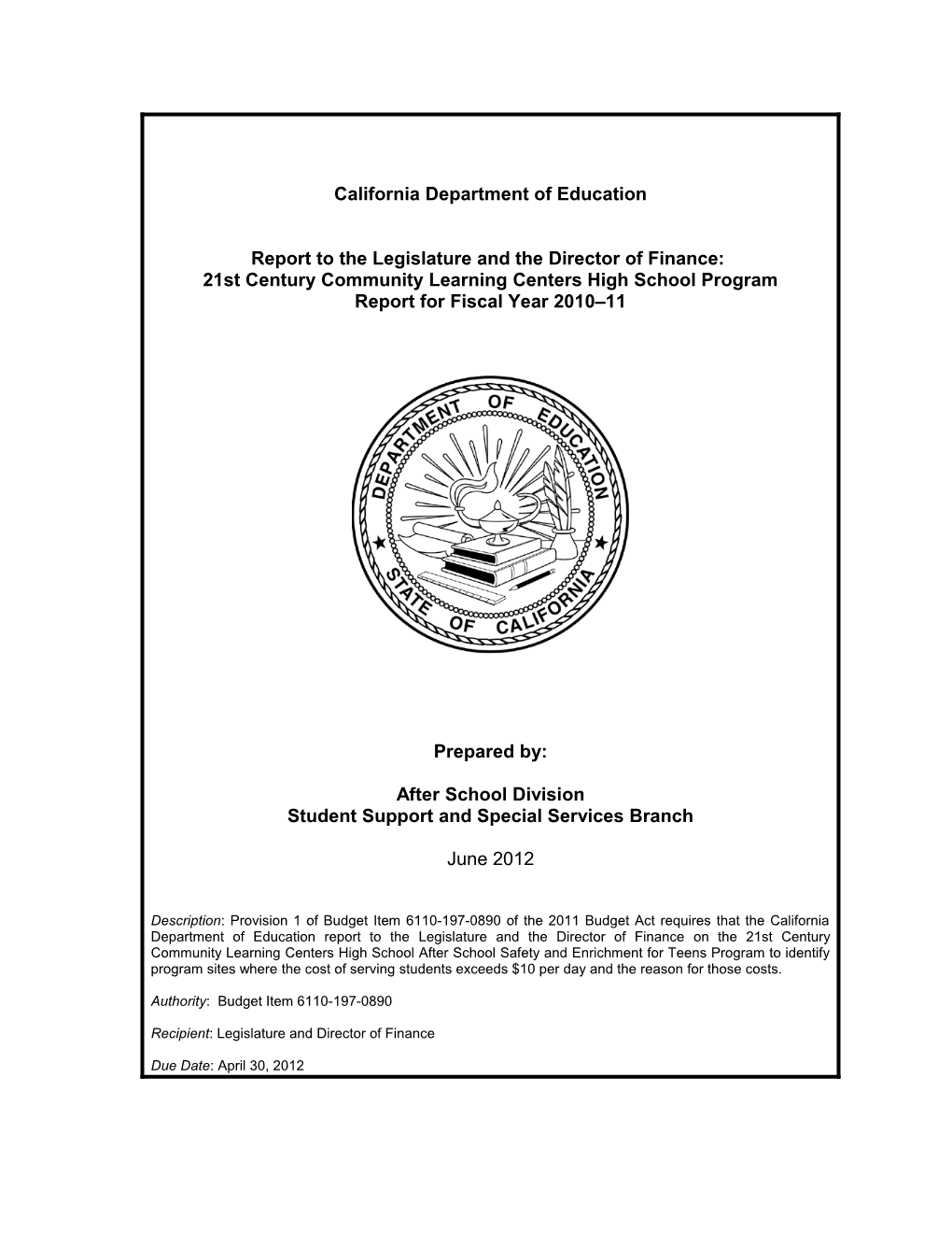 Report to Legislature - Assets (CA Dept of Education)