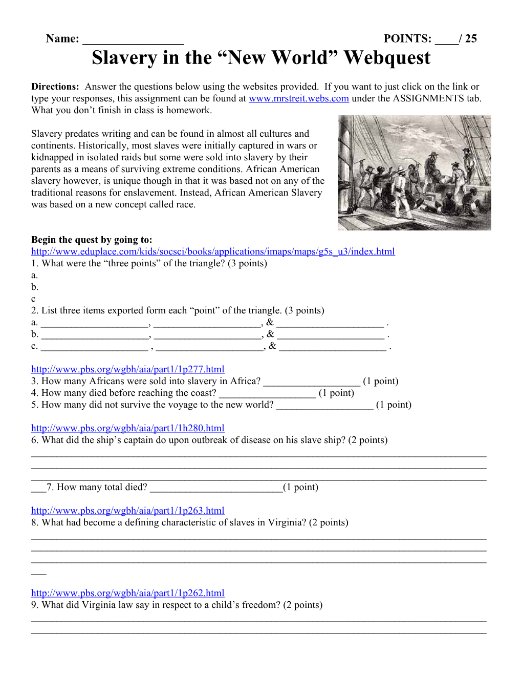 Slavery in the New World Webquest