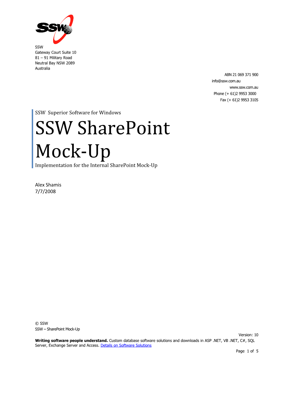 SSW Sharepoint Mock-Up