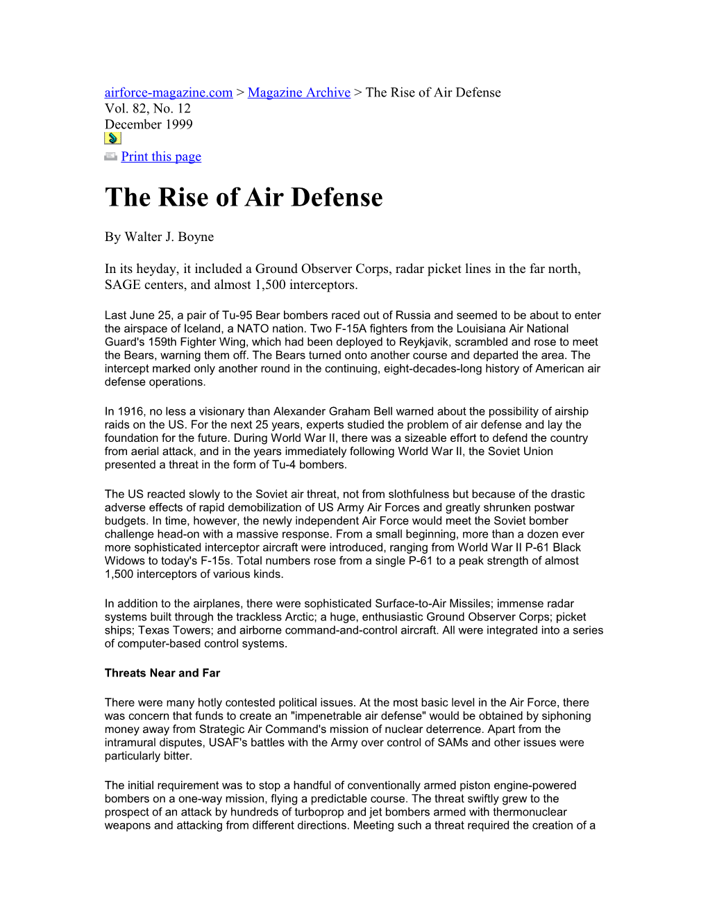 Airforce-Magazine.Commagazine Archive &gt; the Rise of Air Defense
