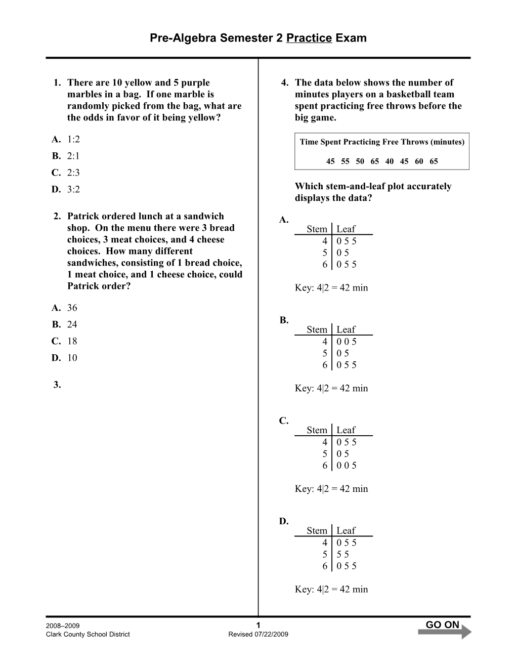 Pre-Algebrasemester 2Practice Exam