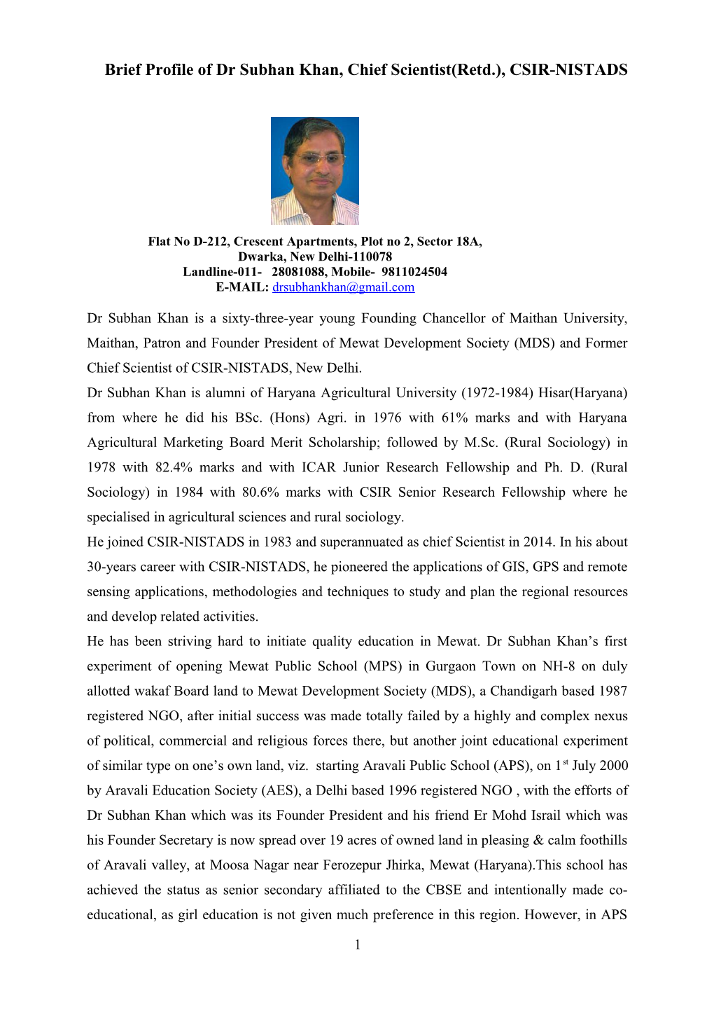 Brief Profile of Dr Subhan Khan, Chief Scientist(Retd.), CSIR-NISTADS