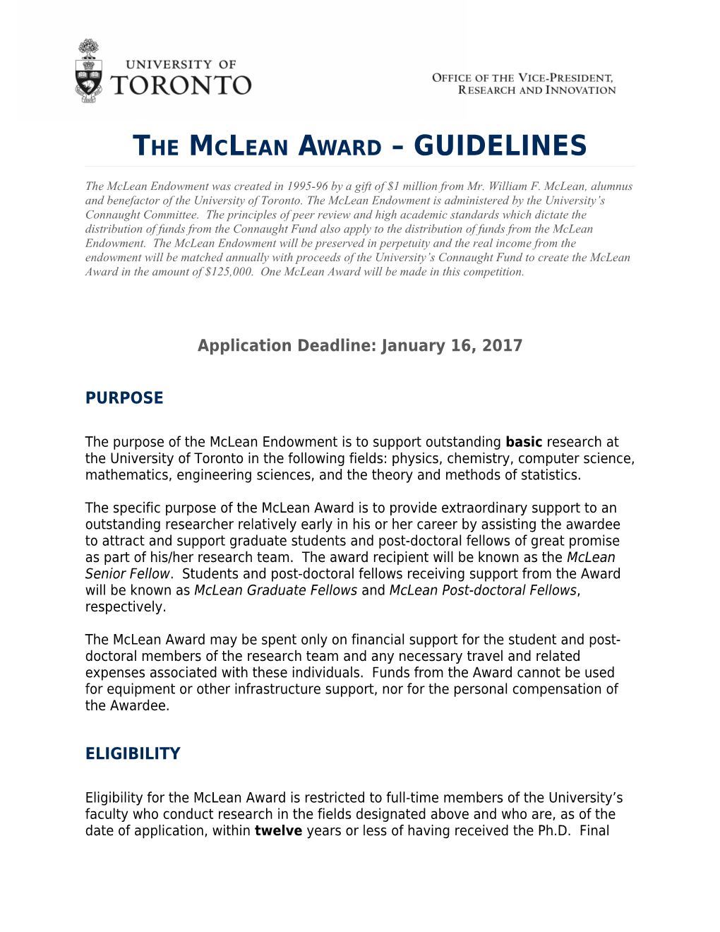 The Mclean Award GUIDELINES