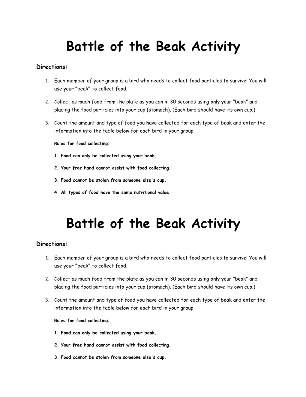 Battle of the Beak Activity
