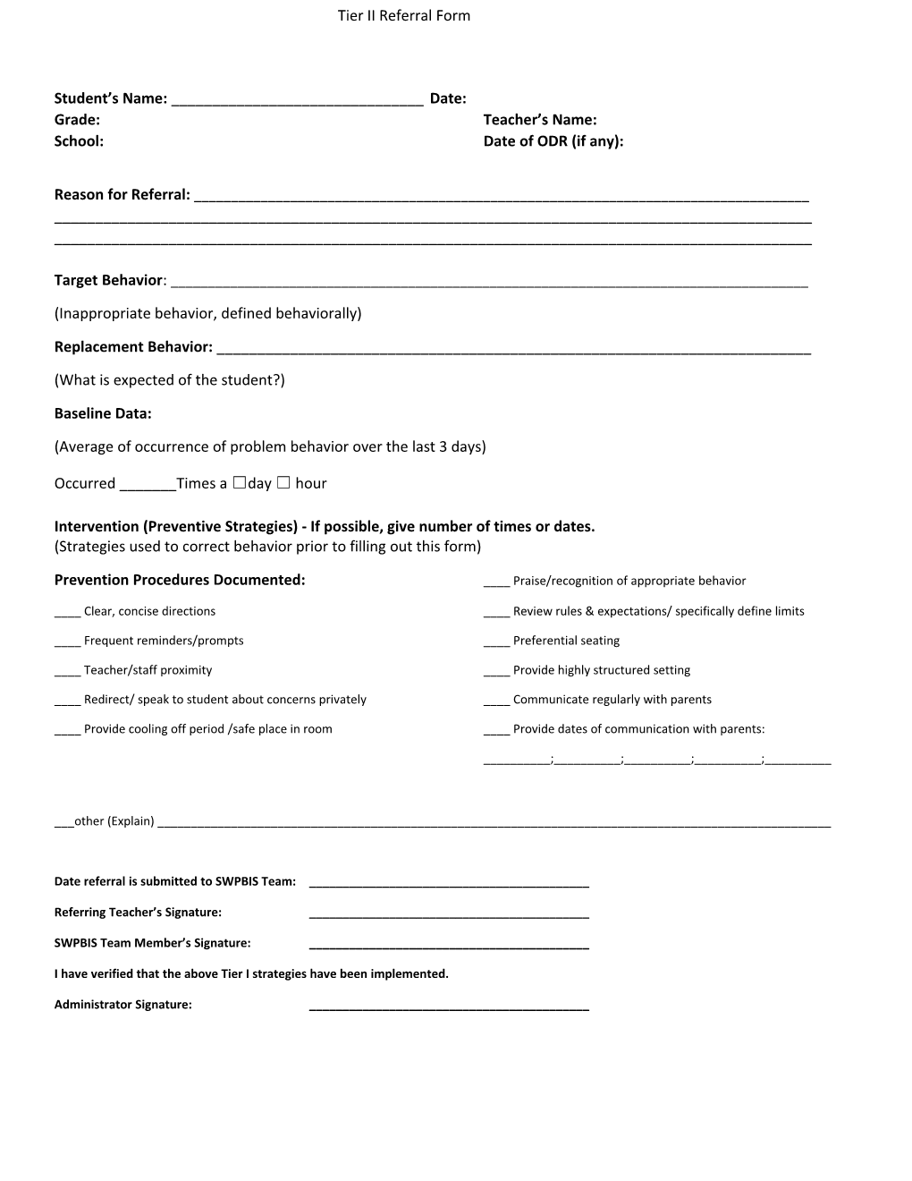 Tier II Intervention Form