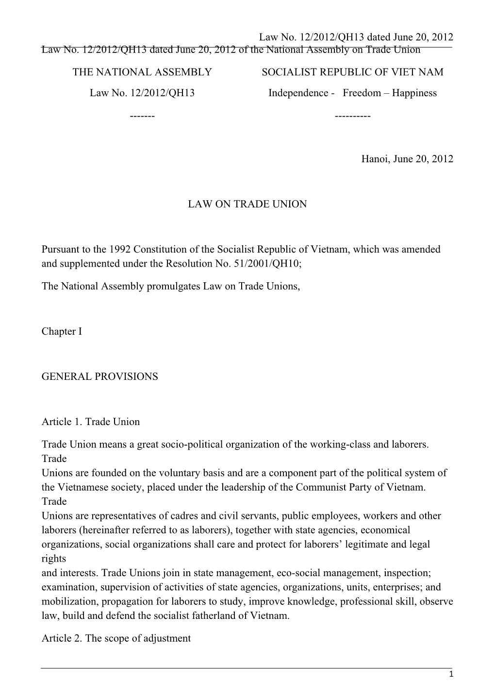 Law No. 12/2012/QH13 Dated June 20, 2012 of the National Assembly on Trade Union