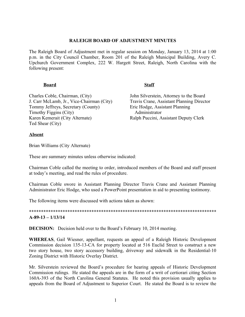 Raleigh Board of Adjustment Minutes - 01/13/2014