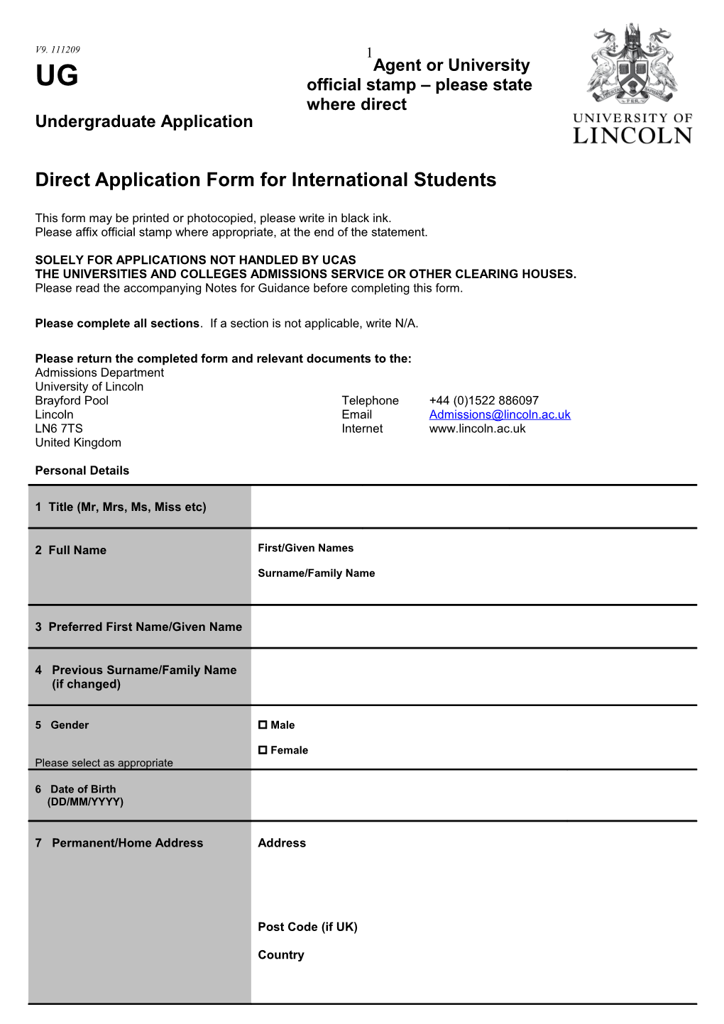 Direct Application Form for International Students