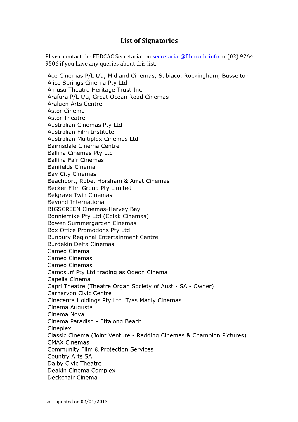 List of Signatories