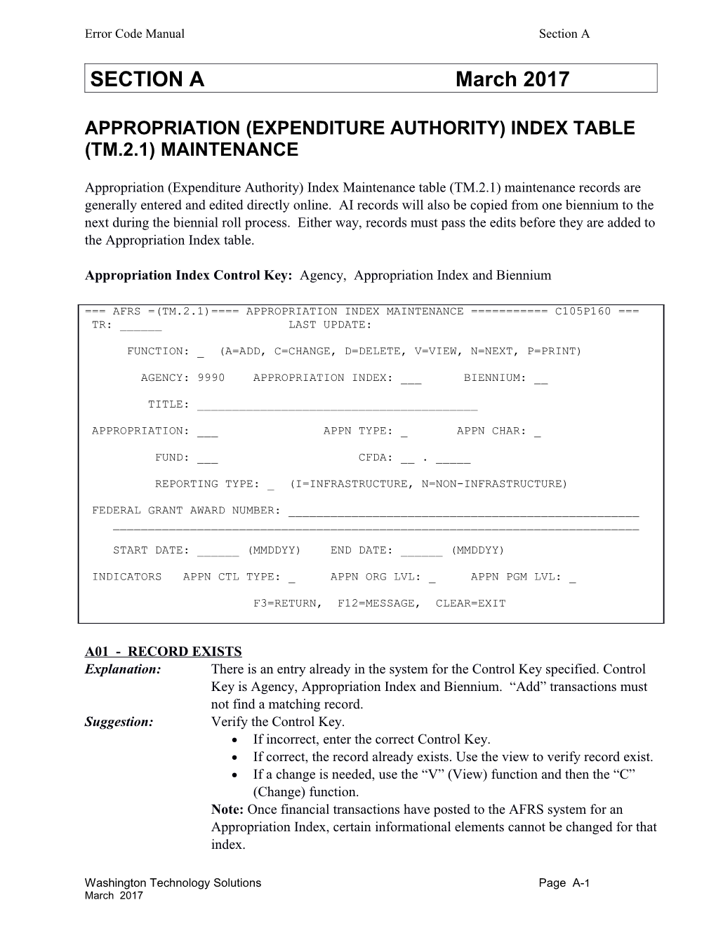 Appropriation (Expenditure Authority) Index Table (Tm.2.1)Maintenance