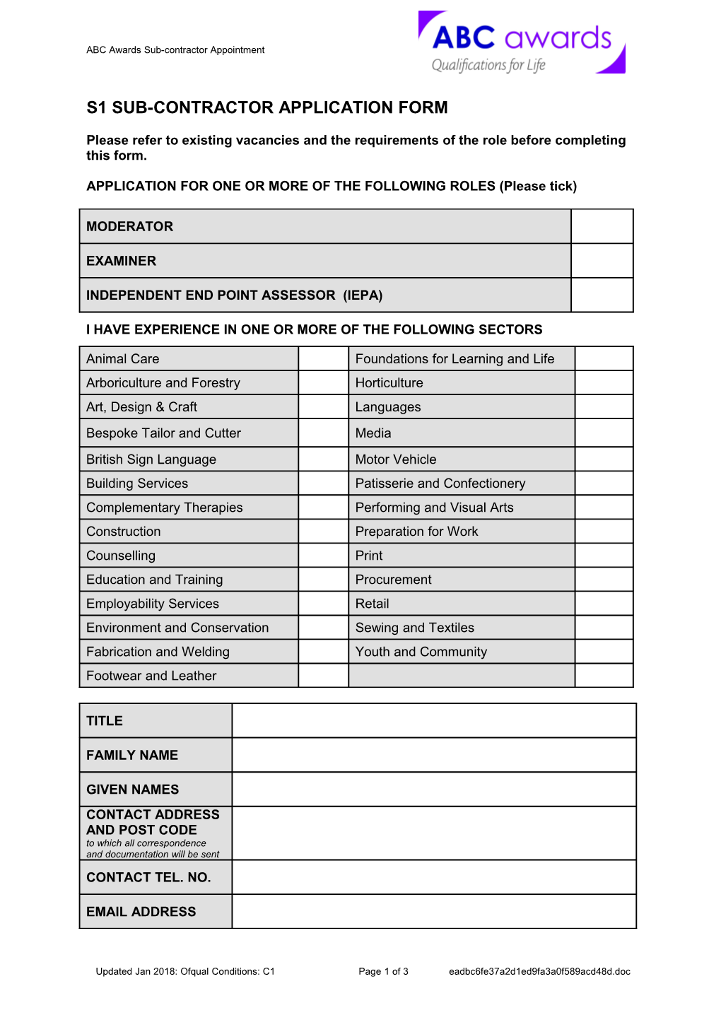 S1 Sub-Contractor Application Form