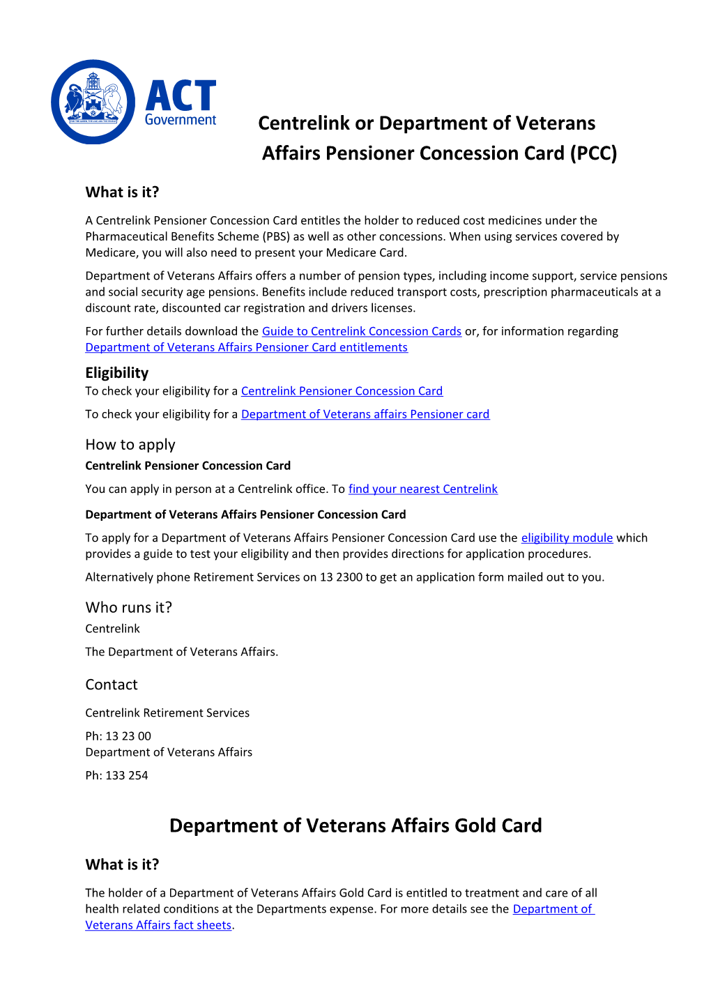 Centrelink Or Department of Veterans Affairs Pensioner Concession Card (PCC)