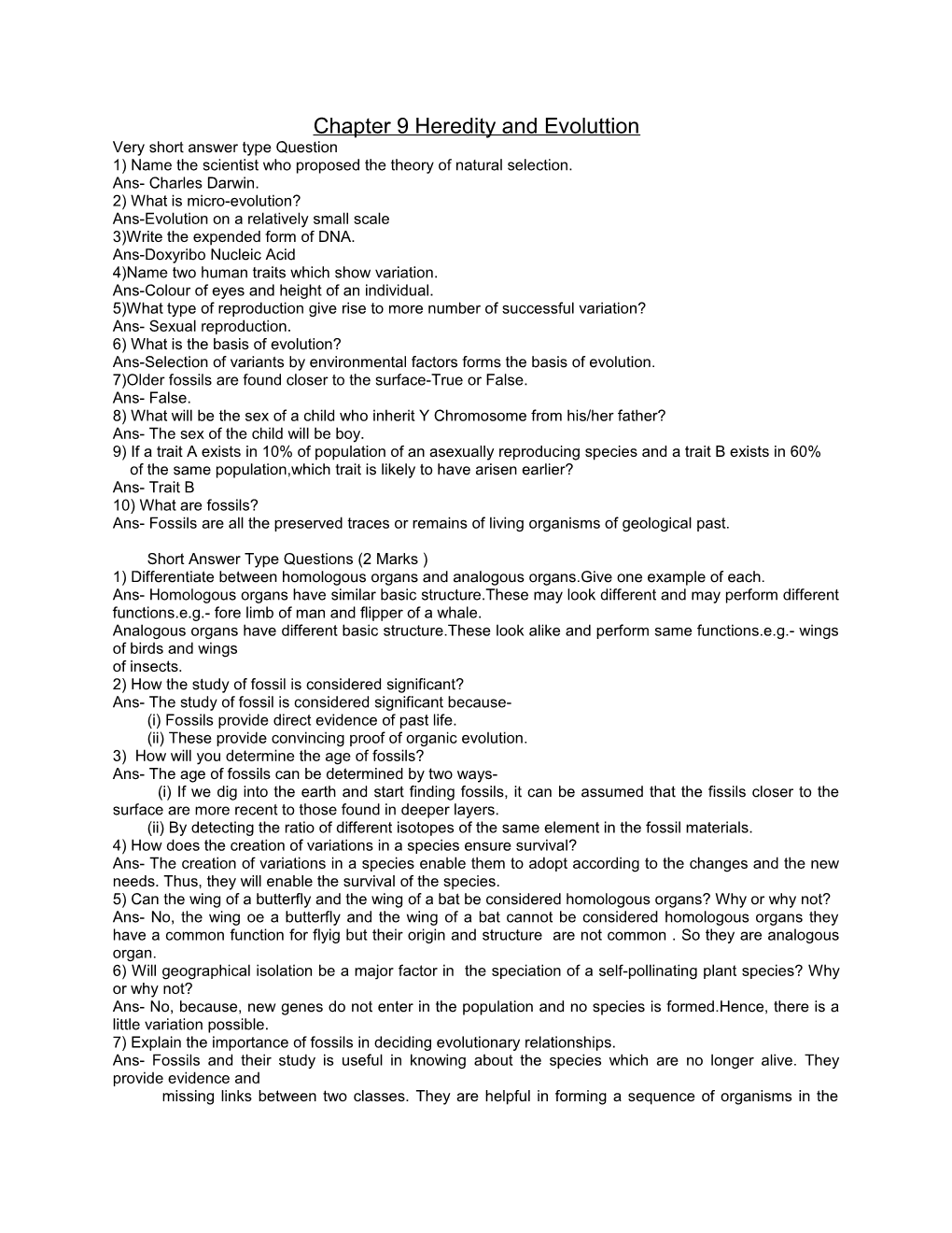 Chapter 9 Heredity and Evoluttion