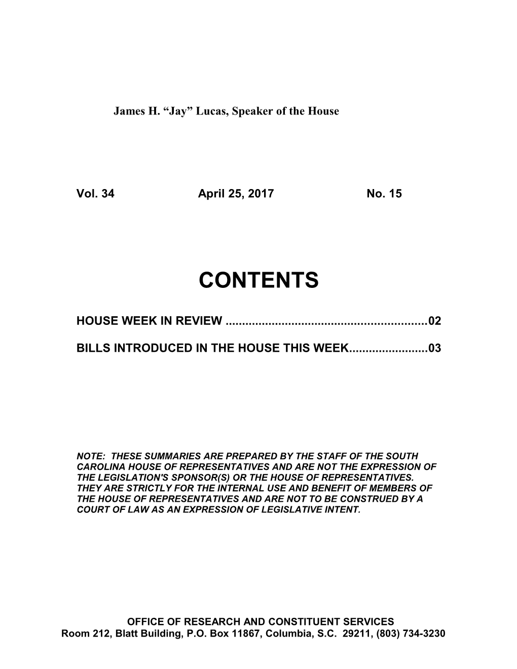 Legislative Update - Vol. 34 No. 15 April 25, 2017 - South Carolina Legislature Online
