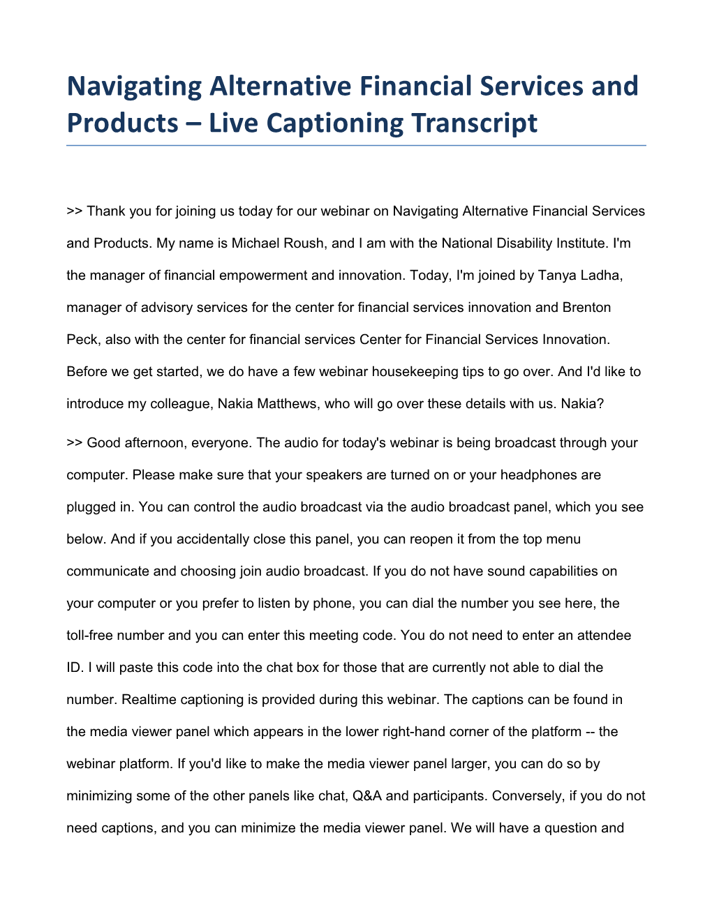 Navigating Alternative Financial Services and Products Live Captioning Transcript