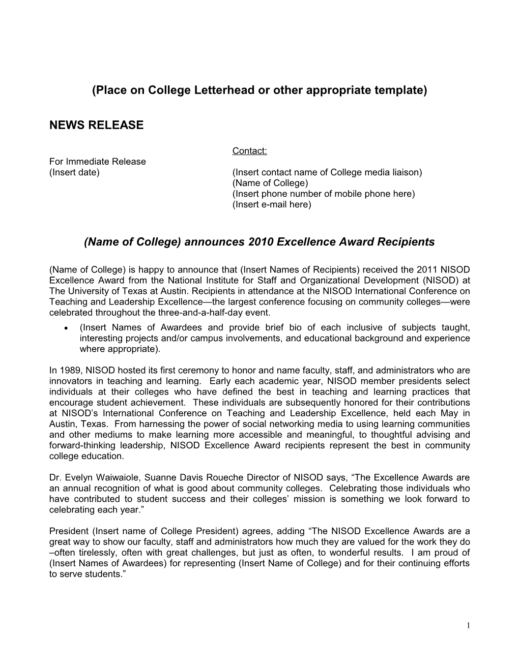 Place on College Letterhead Or Other Appropriate Template