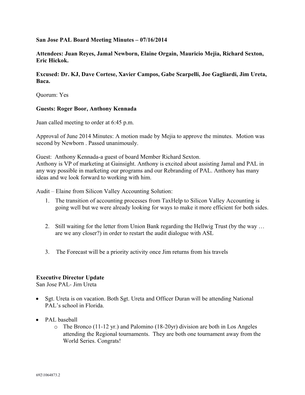 San Jose PAL Board Meeting Minutes 06/18/2014