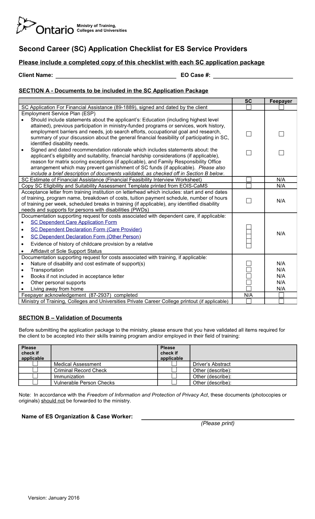 Second Career (SC) Application Checklist for ES Service Providers