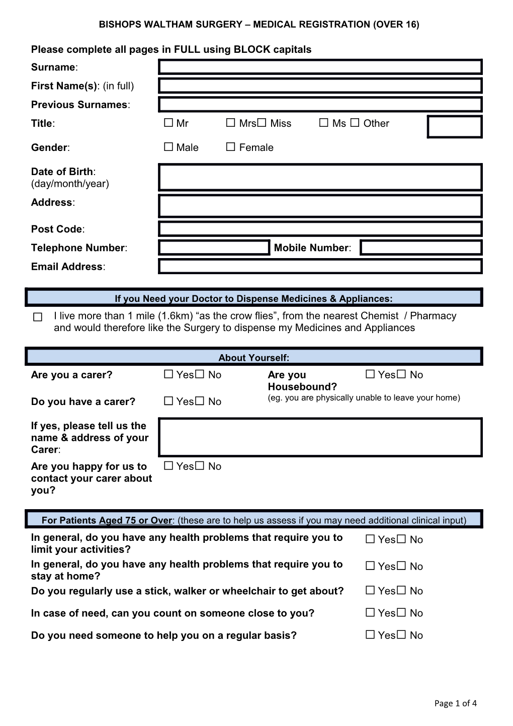 Bishops Waltham Surgery Medical Registration (Over 16)