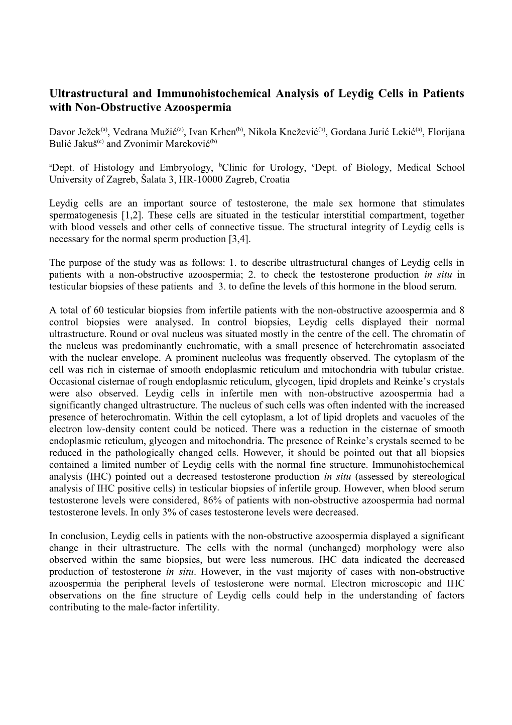 Ultrastructural and Immunohistochemical Analysis of Leydig Cells in Patients With