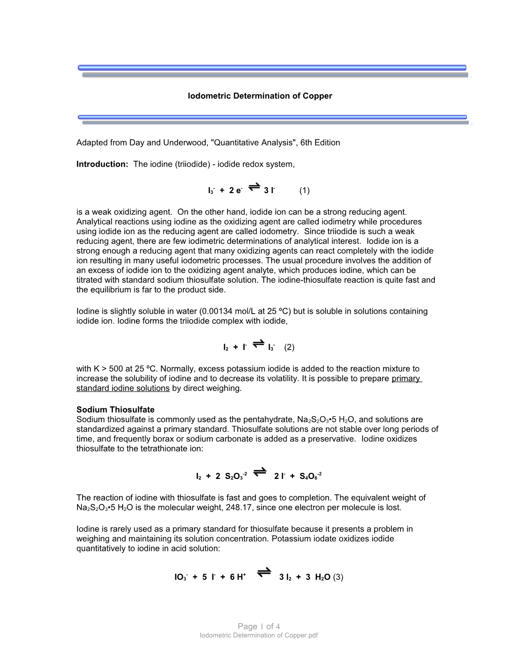 EXPERIMENT: Iodometric Determination of Copper