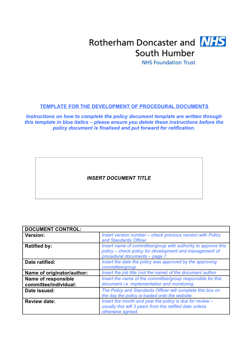 Template for the Development of Procedural Documents