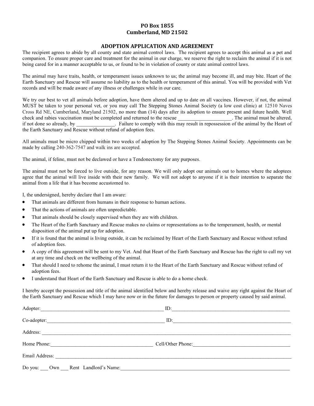 Adoption Application and Agreement