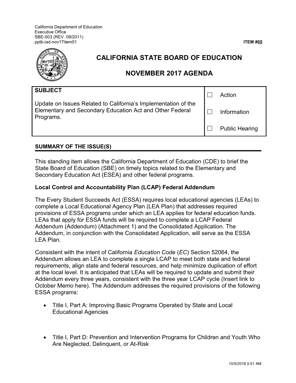 November 2017 Agenda Item 05 - Meeting Agendas (CA State Board of Education)