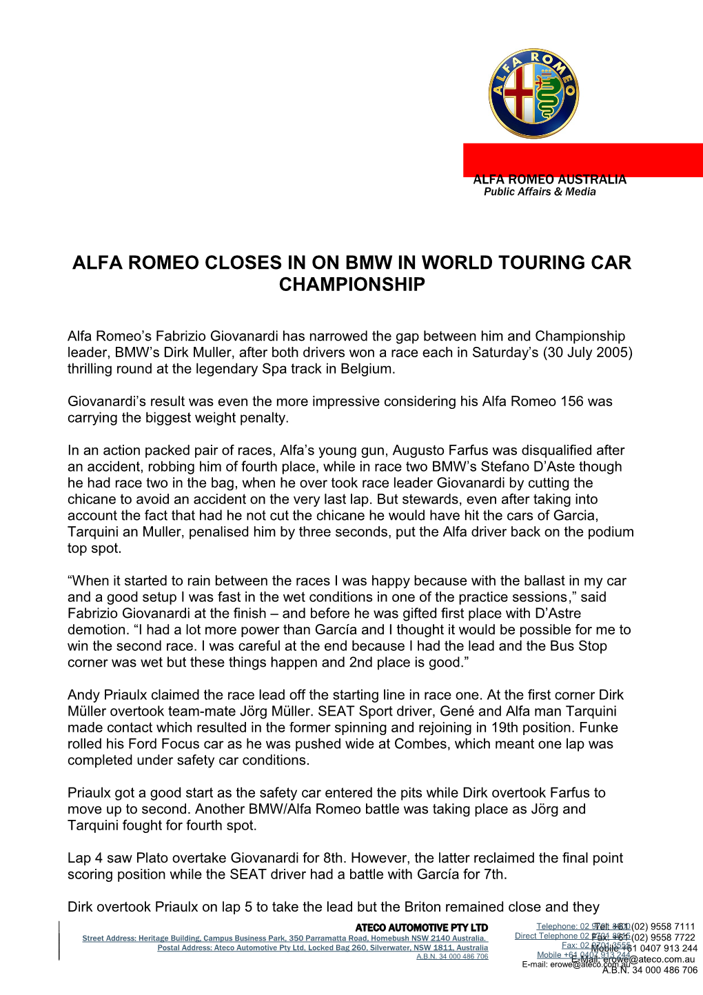 Alfa Romeo Closes in on Bmw in World Touring Car Championship