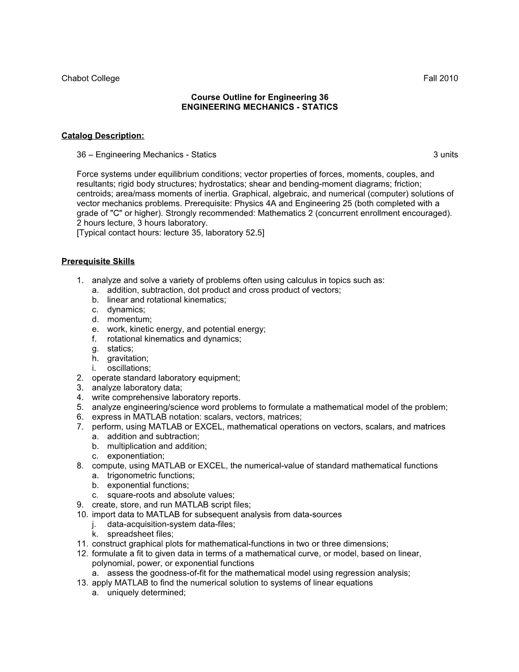 Course Outline for Engineering 36, Page 1