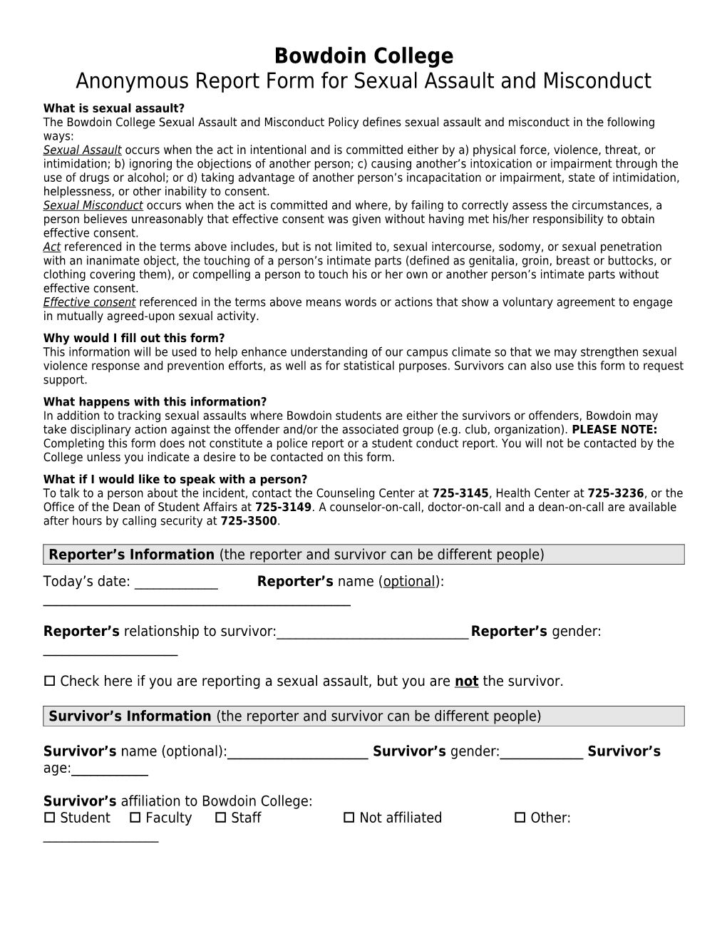 Generic Anonymous Report Form for Sexual Or Relationship Violence