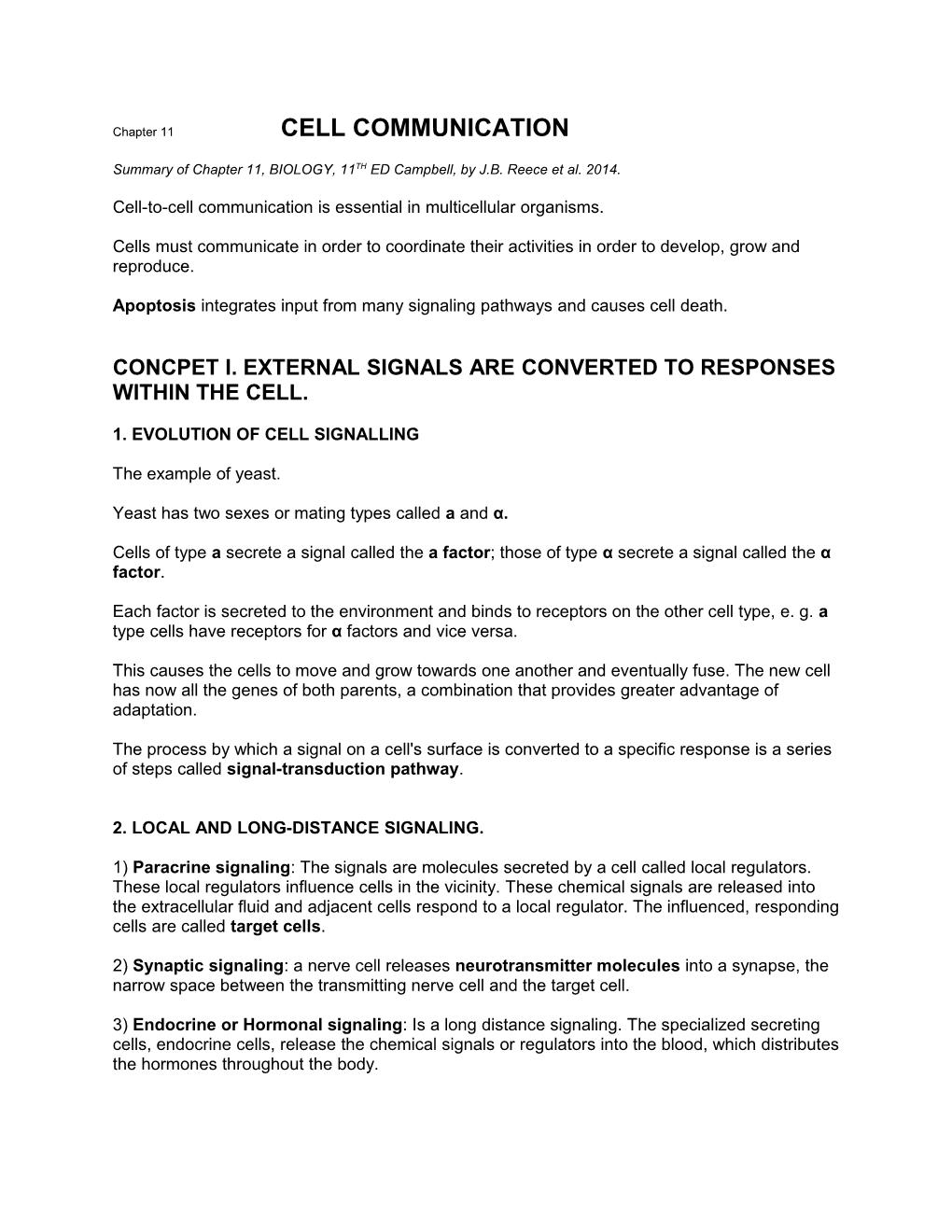 Summary of Chapter 11, BIOLOGY, 11TH ED Campbell, by J.B. Reece Et Al. 2014