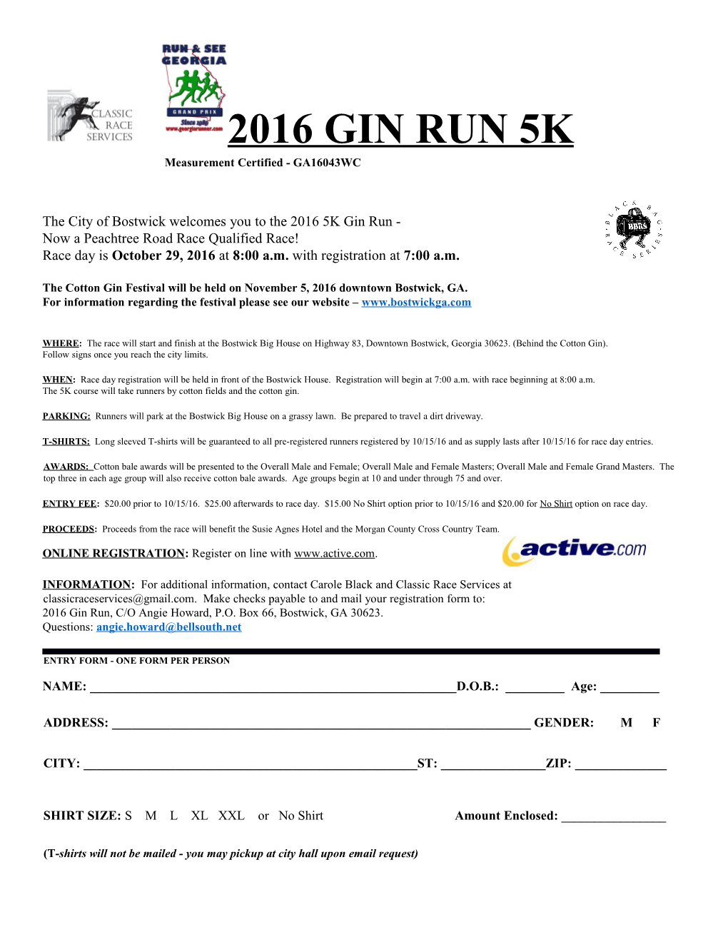The City of Bostwick Welcomes You to the 2016 5K Gin Run