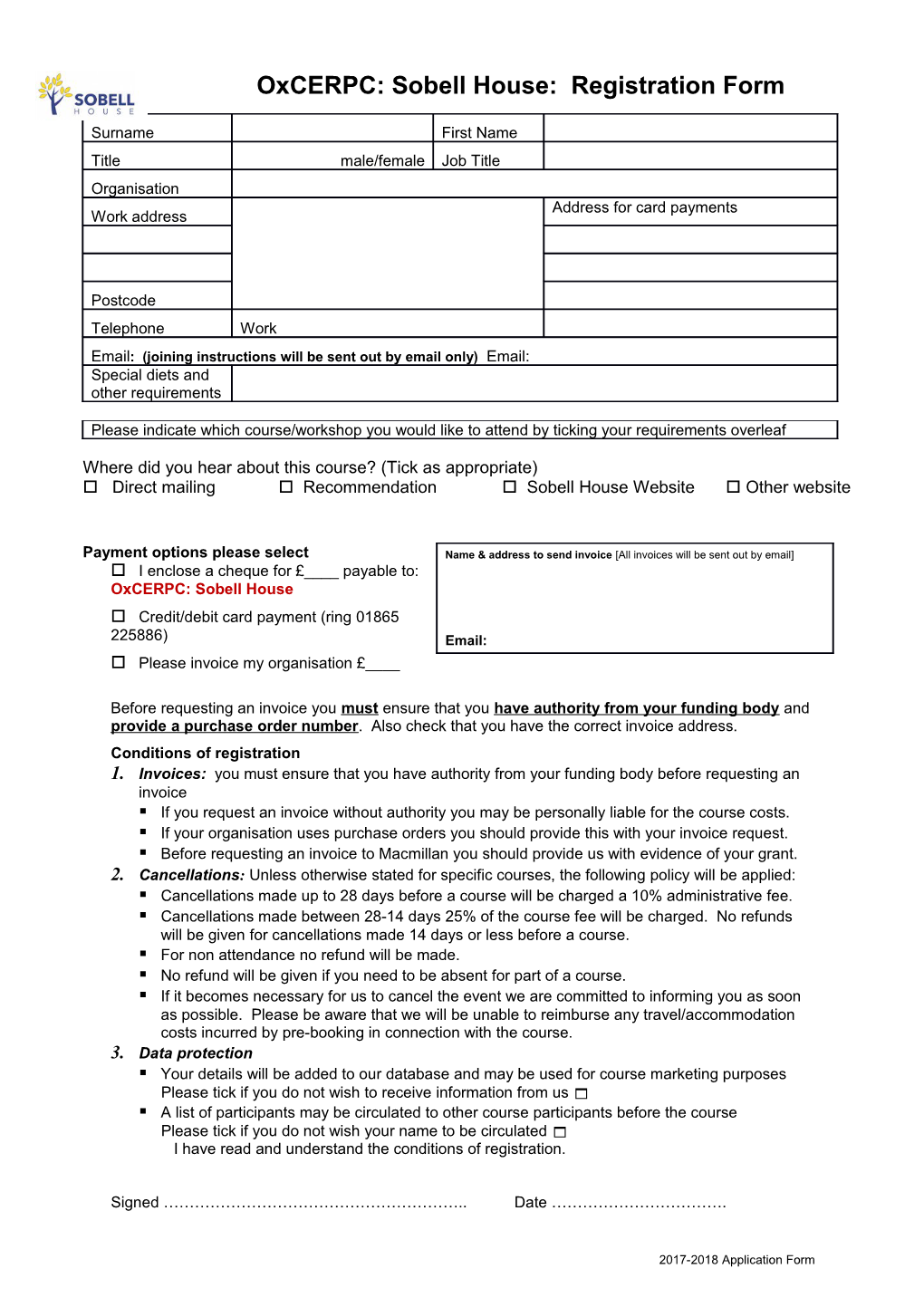 Sobell Study Centre: Registration Form (Please Photocopy)