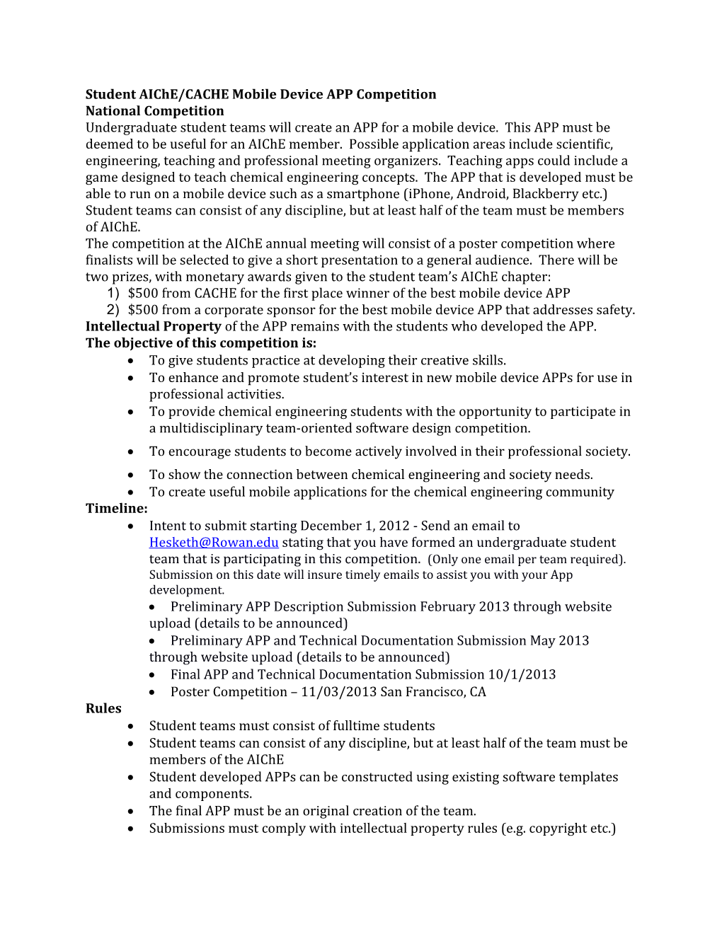 Student Aiche/CACHE Mobile Device APP Competition