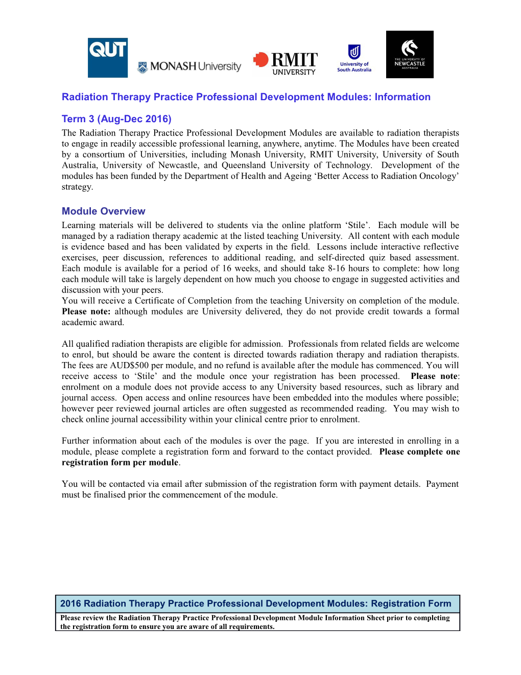 Radiation Therapy Practice Professional Development Modules: Information