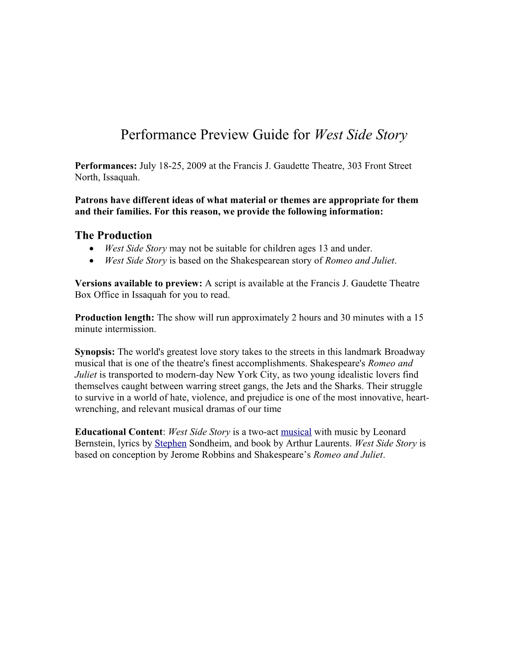 Performance Preview Guide for West Side Story