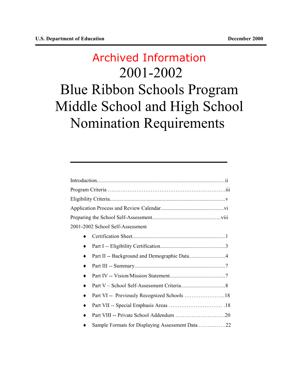 Archived: Blue Ribbon Schools Program Middle School and High School Nomination Requirements