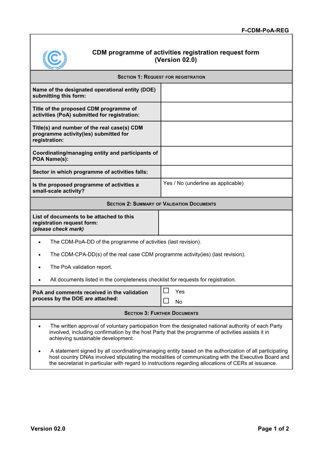 F-CDM-Poa-REG: CDM Programme of Activities Registration Request Form. Version 02.0