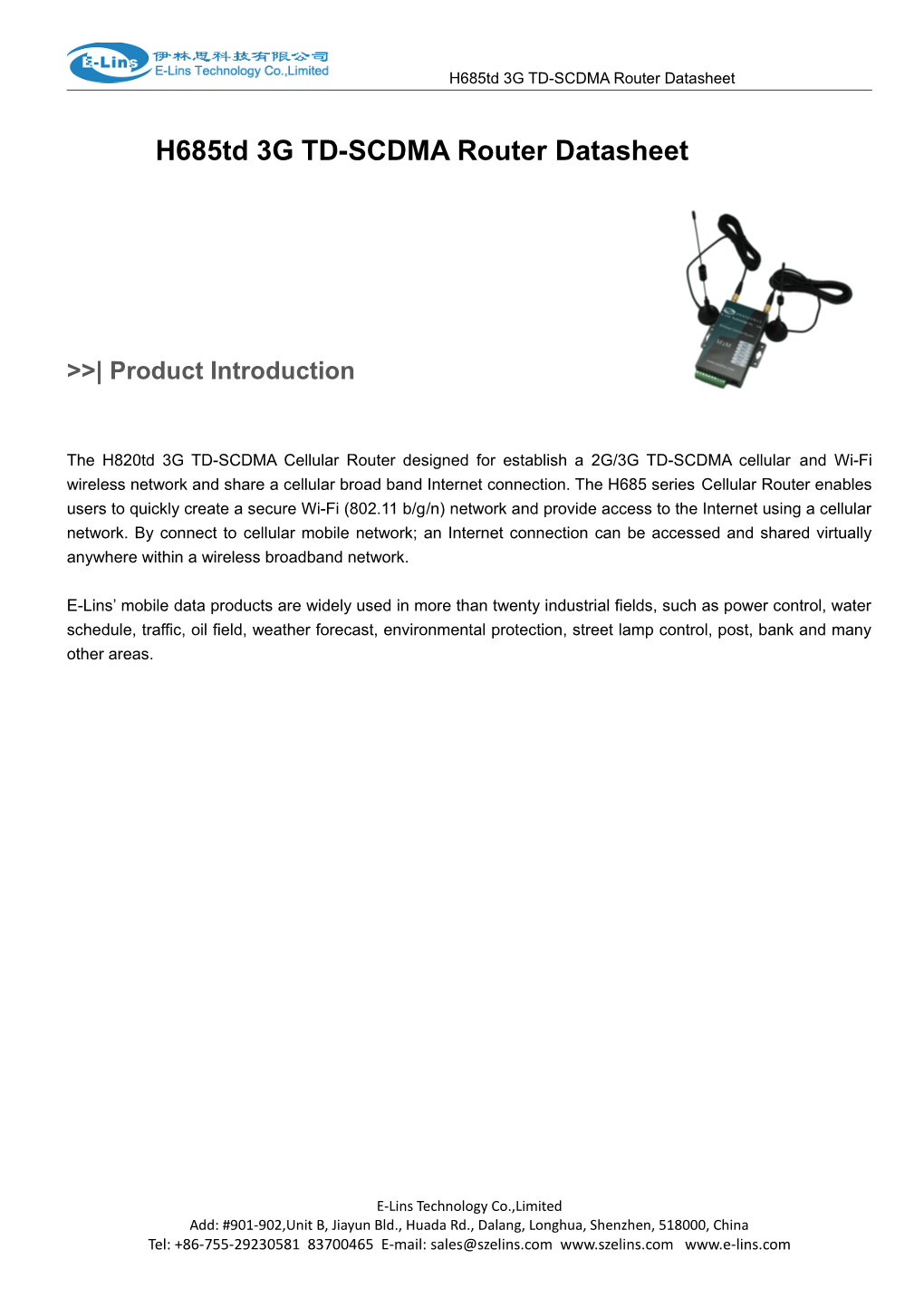 H685td 3G TD-SCDMA Router Datasheet