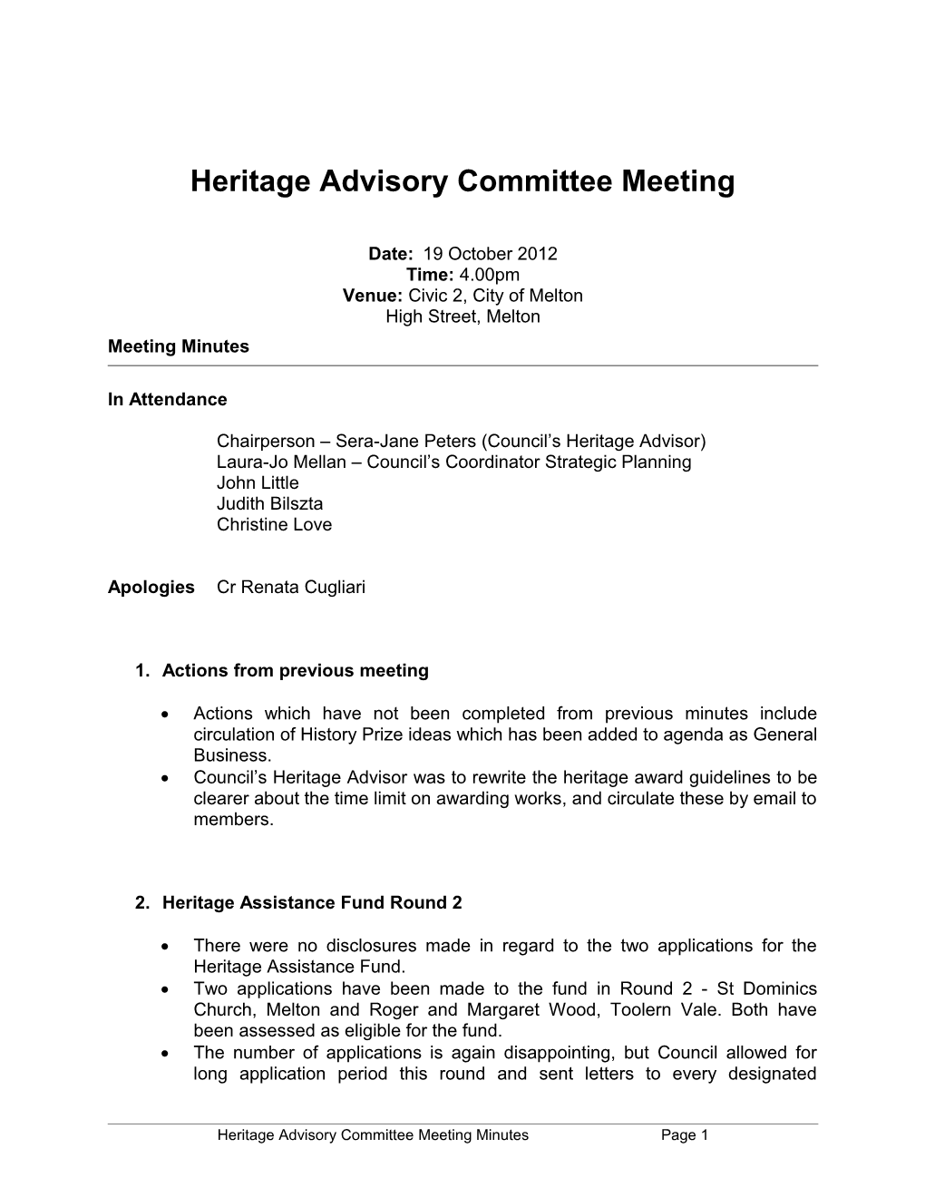 Heritage Advisory Committee Meeting