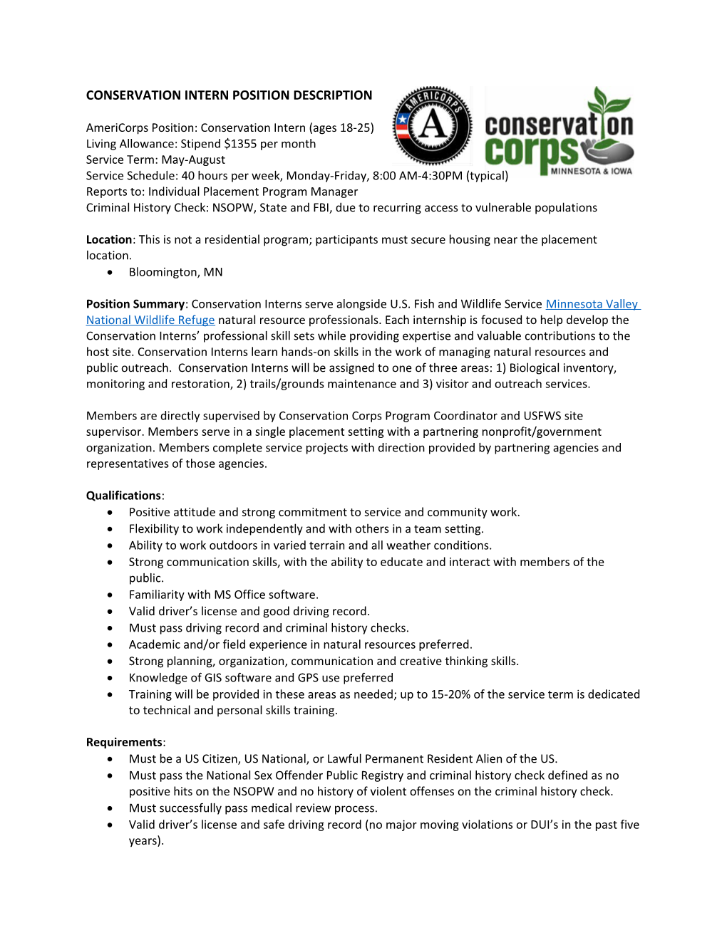 Americorps Position: Conservation Intern (Ages 18-25)