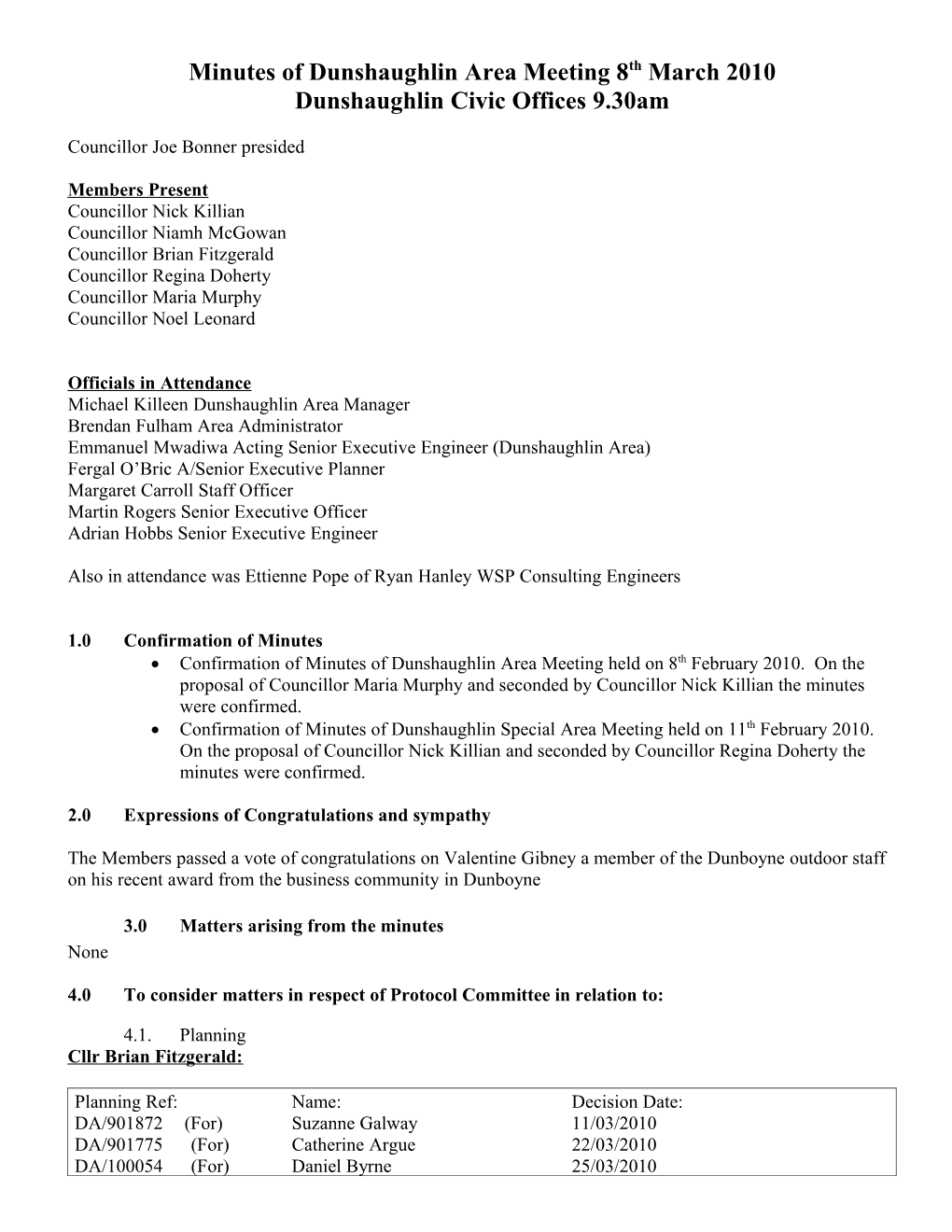 Minutes of Dunshaughlin Area Meeting 8Th March 2010