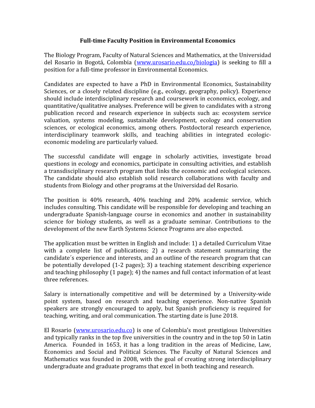 Full-Time Facultyposition in Environmental Economics