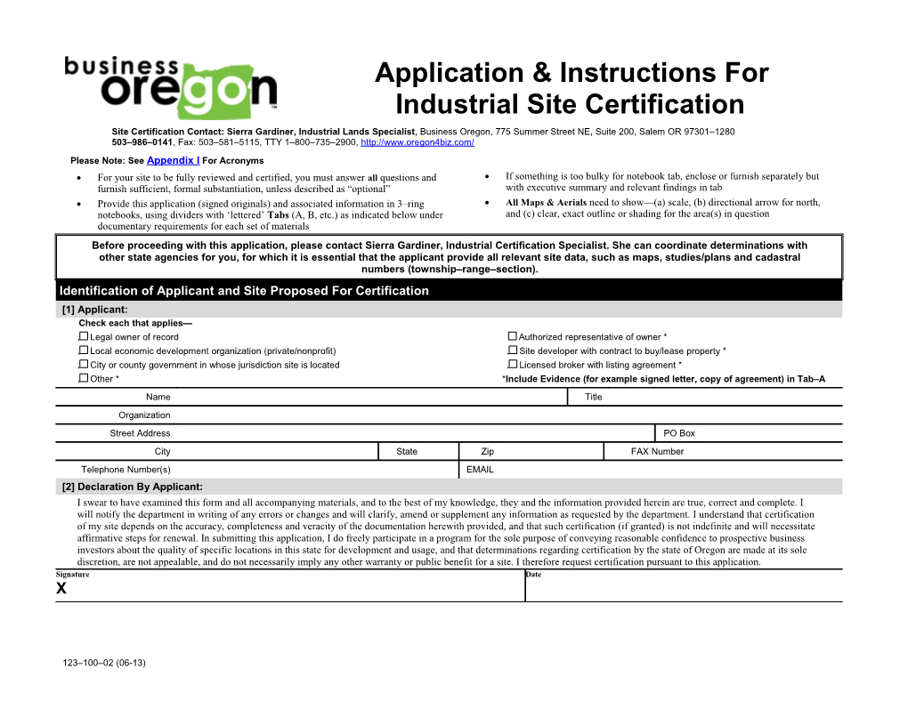 Application for Oregon Industrial Site Certification
