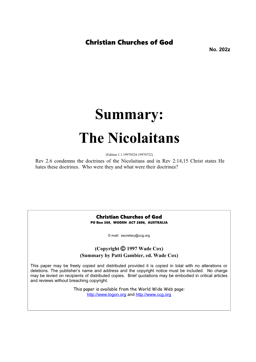 Summary: the Nicolaitans (No. 202Z)
