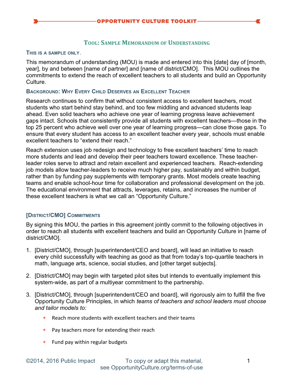 Tool: Sample Memorandum of Understanding